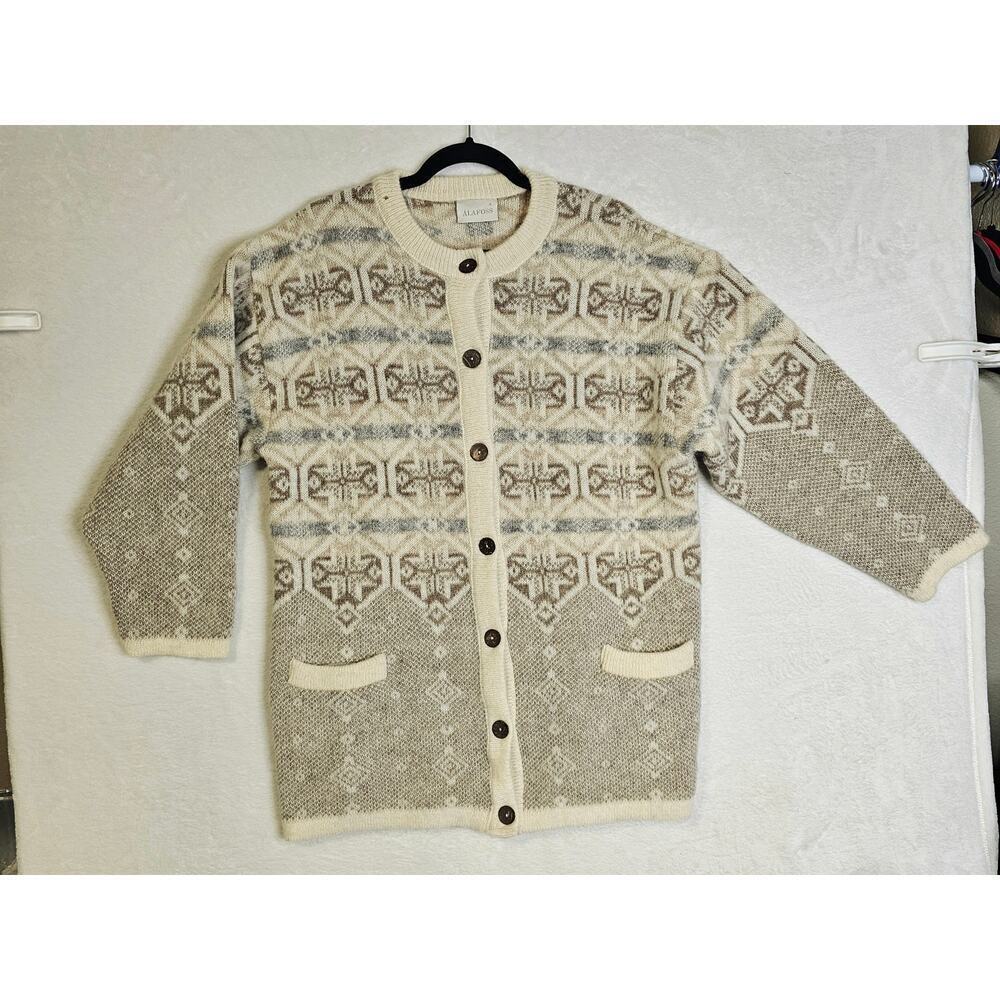 Alafoss 100% Pure Wool Sm made in Iceland cream brown gray sweater coatigan Warm